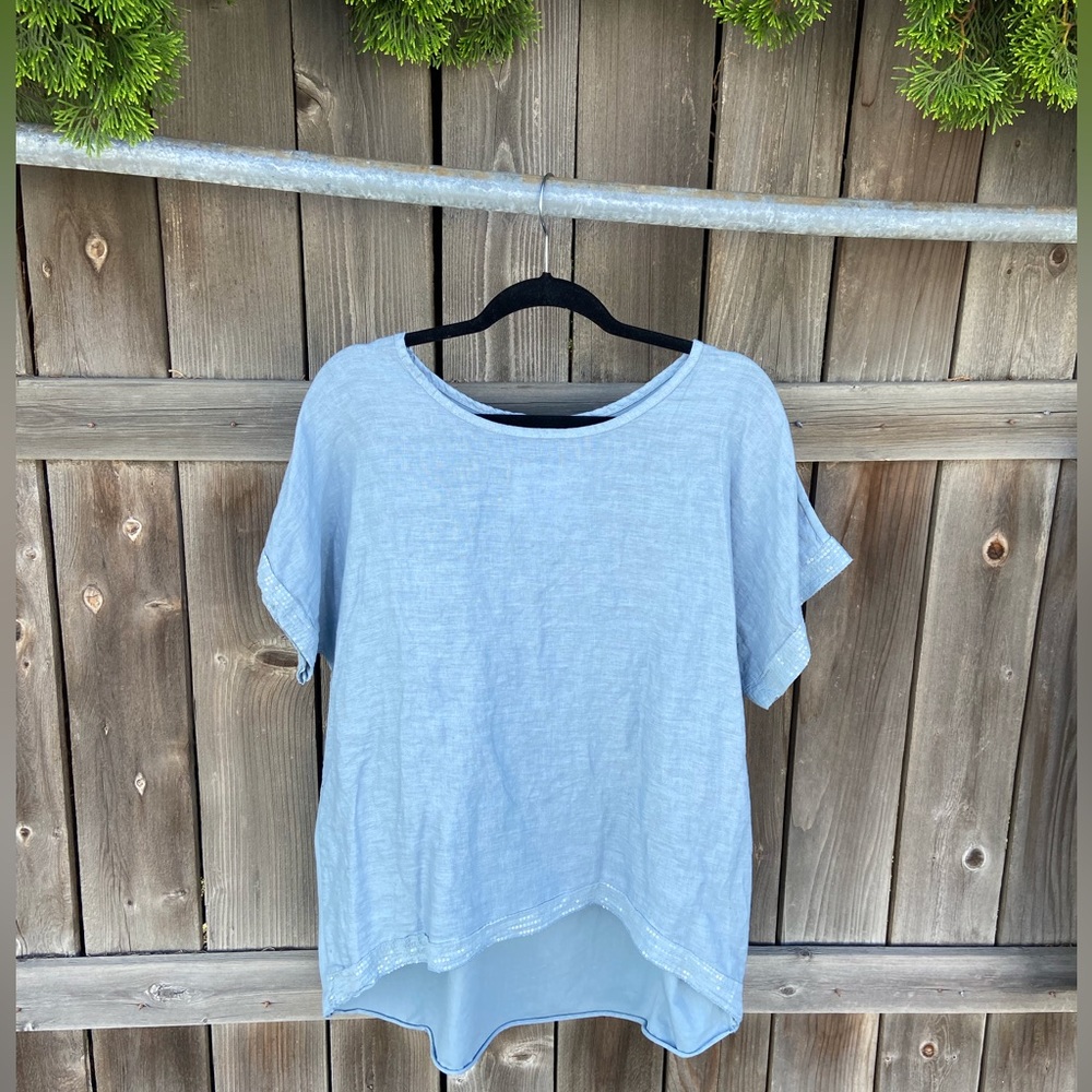 Light Blue Loose Linen Top w/ Sequence Trim